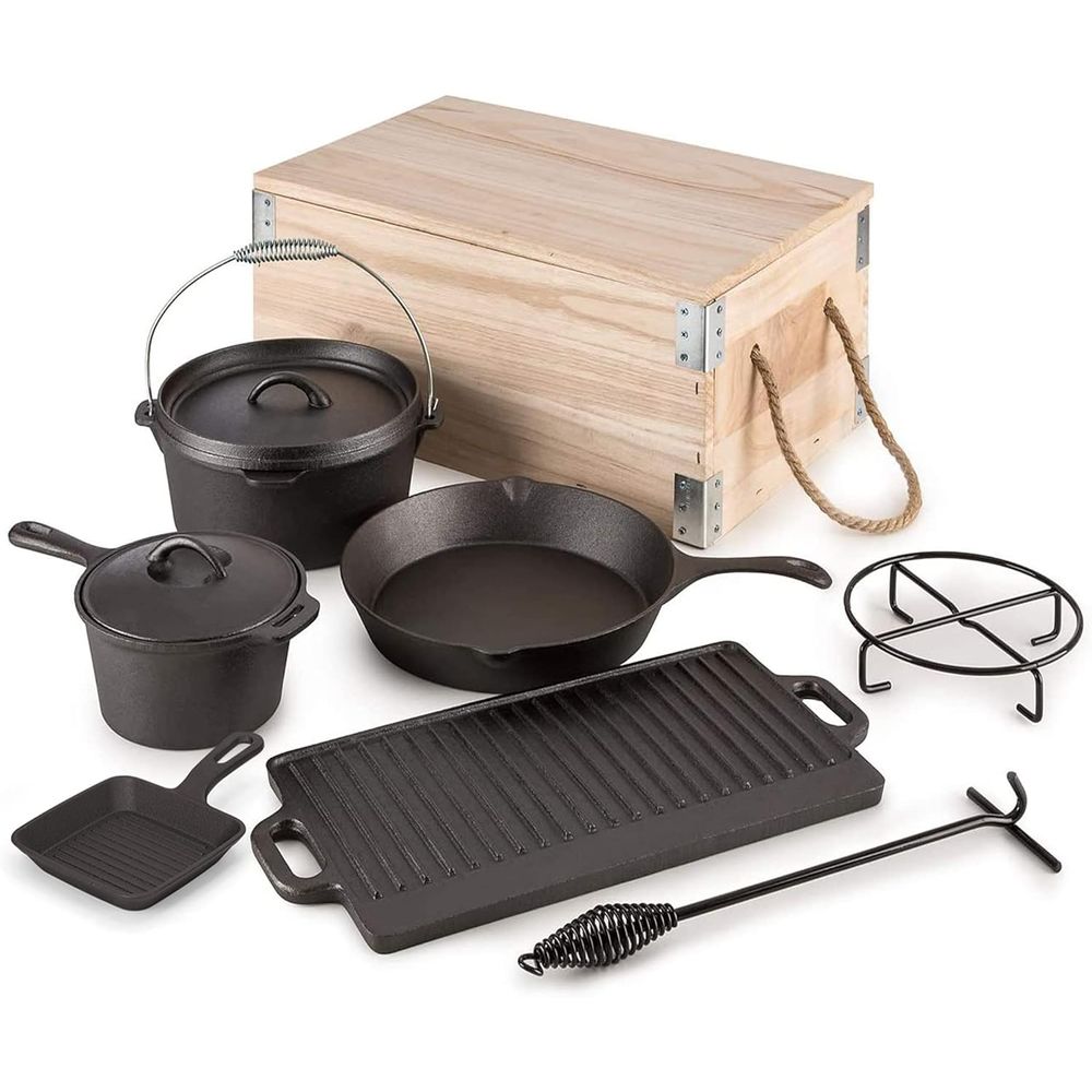 Camping Cooking Dutch Oven - 8 Piece Pre-Seasoned Dutch Oven Cooking